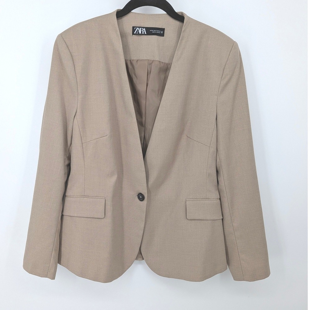 Zara Blazer Women 12 Tan Minimalist Neutral Office Professional Career Jacket